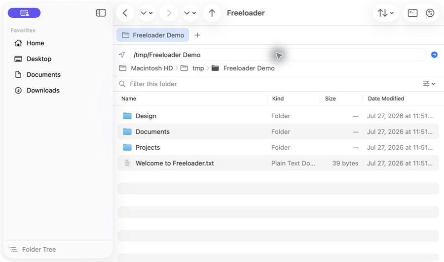 Freeloader showing its editable address bar and detailed file list