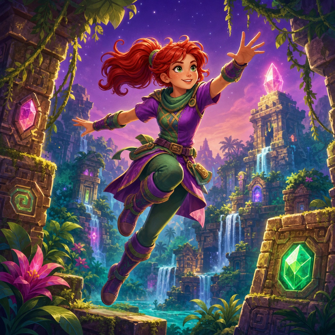 An original red-haired adventurer leaping through colorful magical jungle ruins.